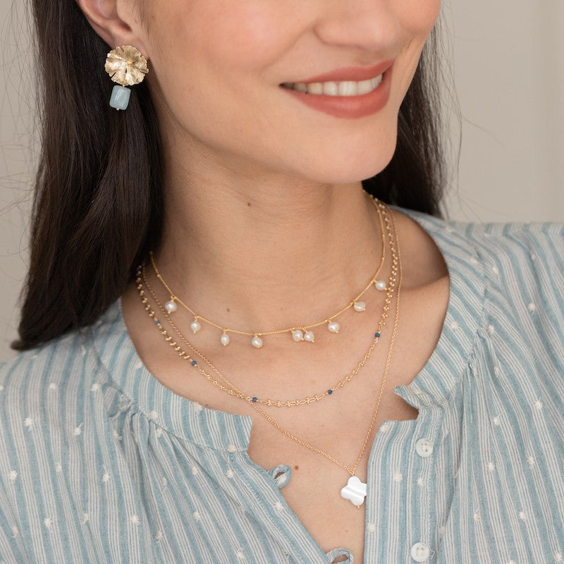 Boucle oreille plaque or magalie bleu glace