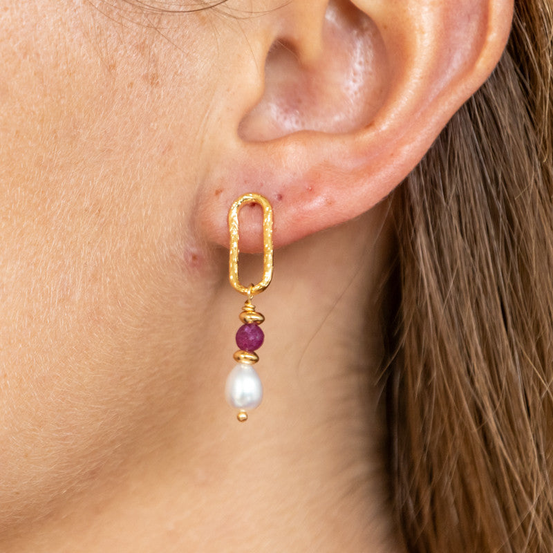 Boucles oreilles plaque or roch rouge grenat