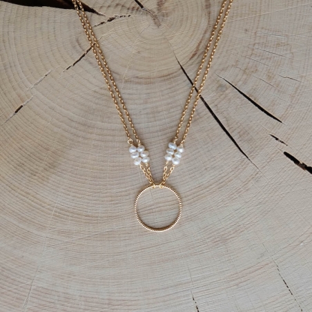 collier anneau double chaîne Claire perles d'eau douce plaqué or